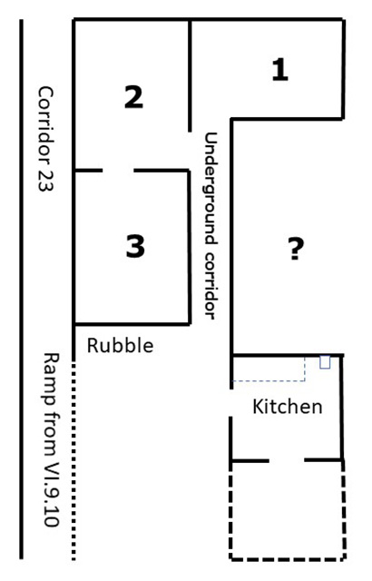 VI.9.10 Pompeii. Sketch plan showing approximate positions only of underground rooms.